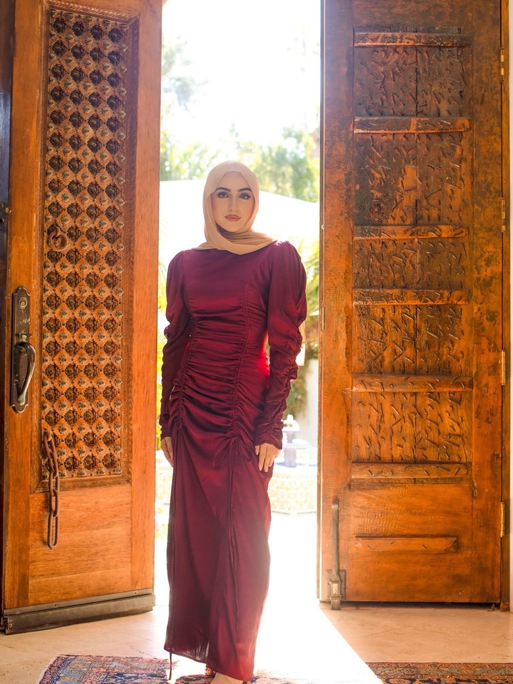 Elegant Burgundy Long-Sleeve Ruched Maxi Dress
